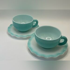 Vintage Hazel-Atlas Turquoise Crinoline Cup and Saucer - Set of 2